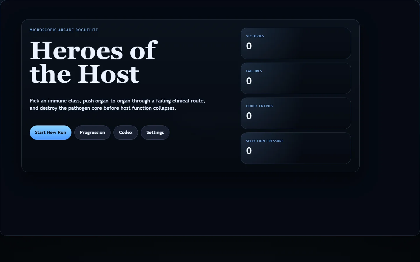Heroes of the Host start screen with immune-cell game controls and run statistics