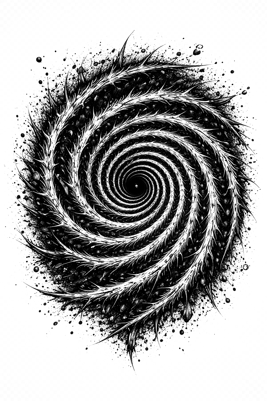 Black-and-white spiral artwork used for The Spiral of Emergence